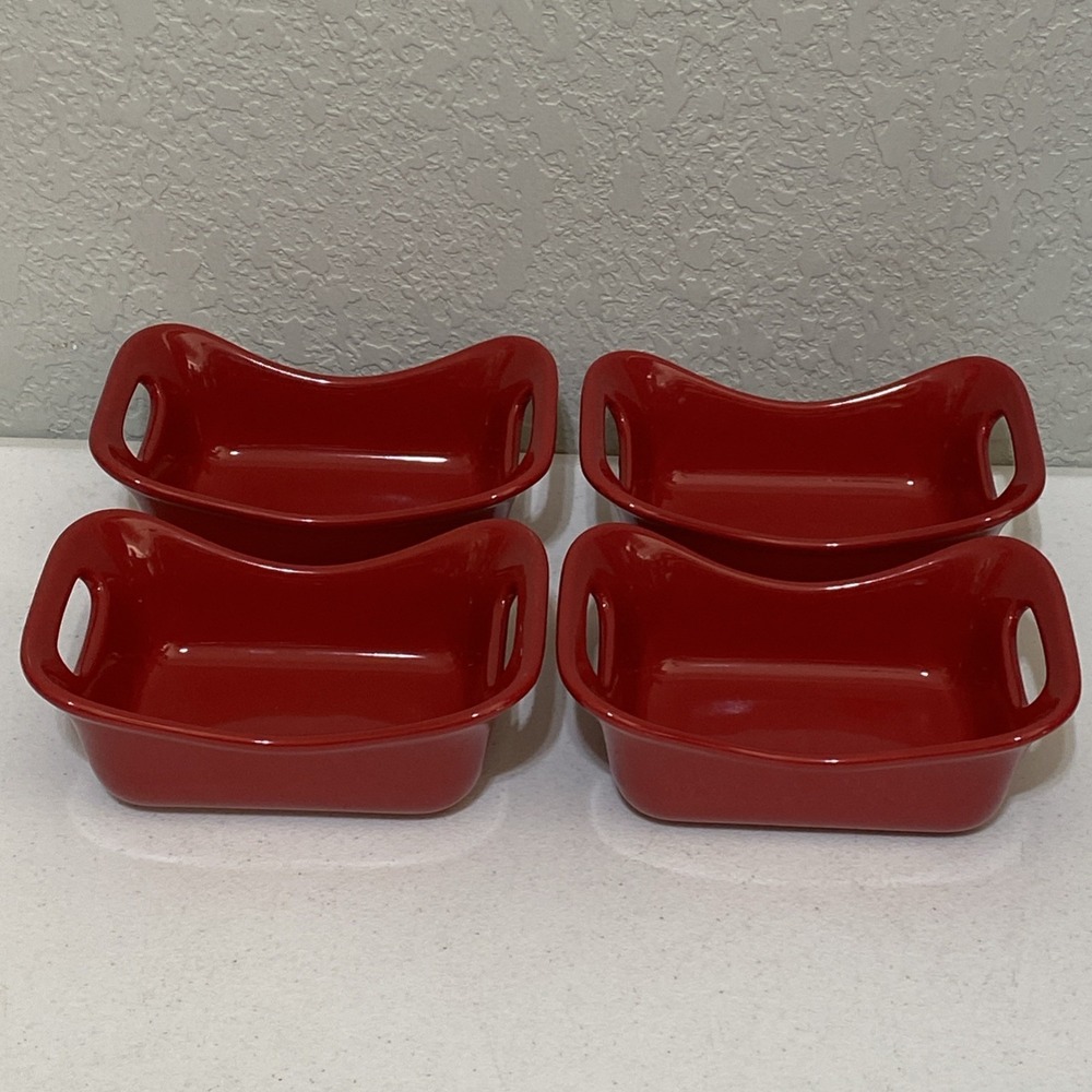 Red Rachael Ray Stoneware 12oz Ramekin Casserole Baking Dish Mini Loaf Pan Set 4